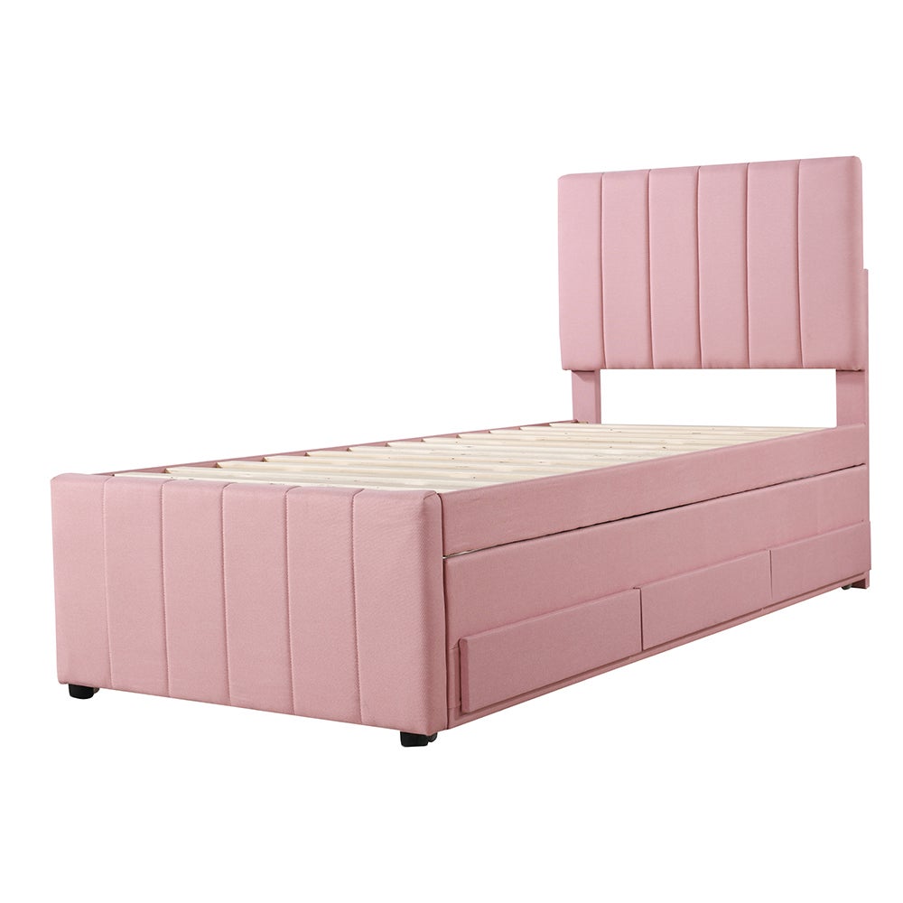 Lit simple 90 x 200 cm avec Lit gigogne 90 x 190 cm - 3 tiroirs - Tête de lit réglable - Tissu en lin - Rose - 8