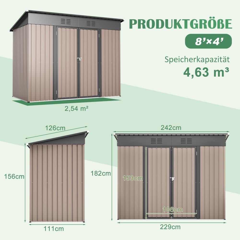Cobertizo de Jardín de Metal 8x4 FT con Estructura Robusta, Techo Inclinable, Puertas con Cerradura y Ventilación Anti-Humedad, Ideal Terraza & Jardín - 2