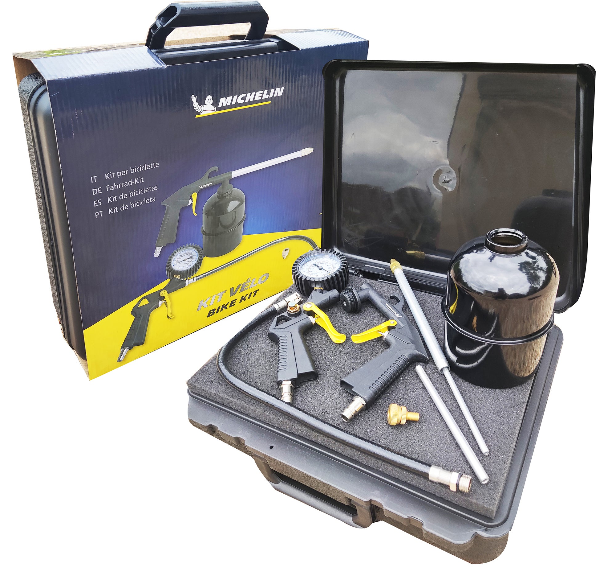 Kit De Gonflage Michelin Avec Pistolet, Manomètre Et Buses (4-8 Bar) - Pour Pneus, Ballons, Matelas Gonflables