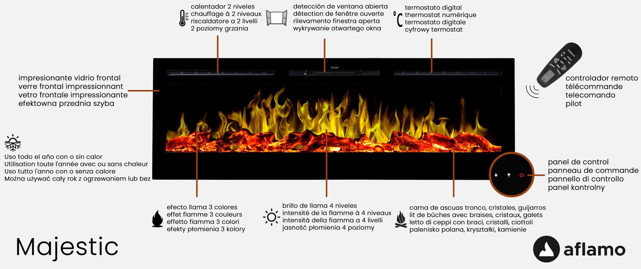 Cheminée électrique AFLAMO Majestic 50 - feu premium - murale ou encastrable - 128x55x14 cm - cheminée LED décorative avec chauffage 750/1500 W - 2