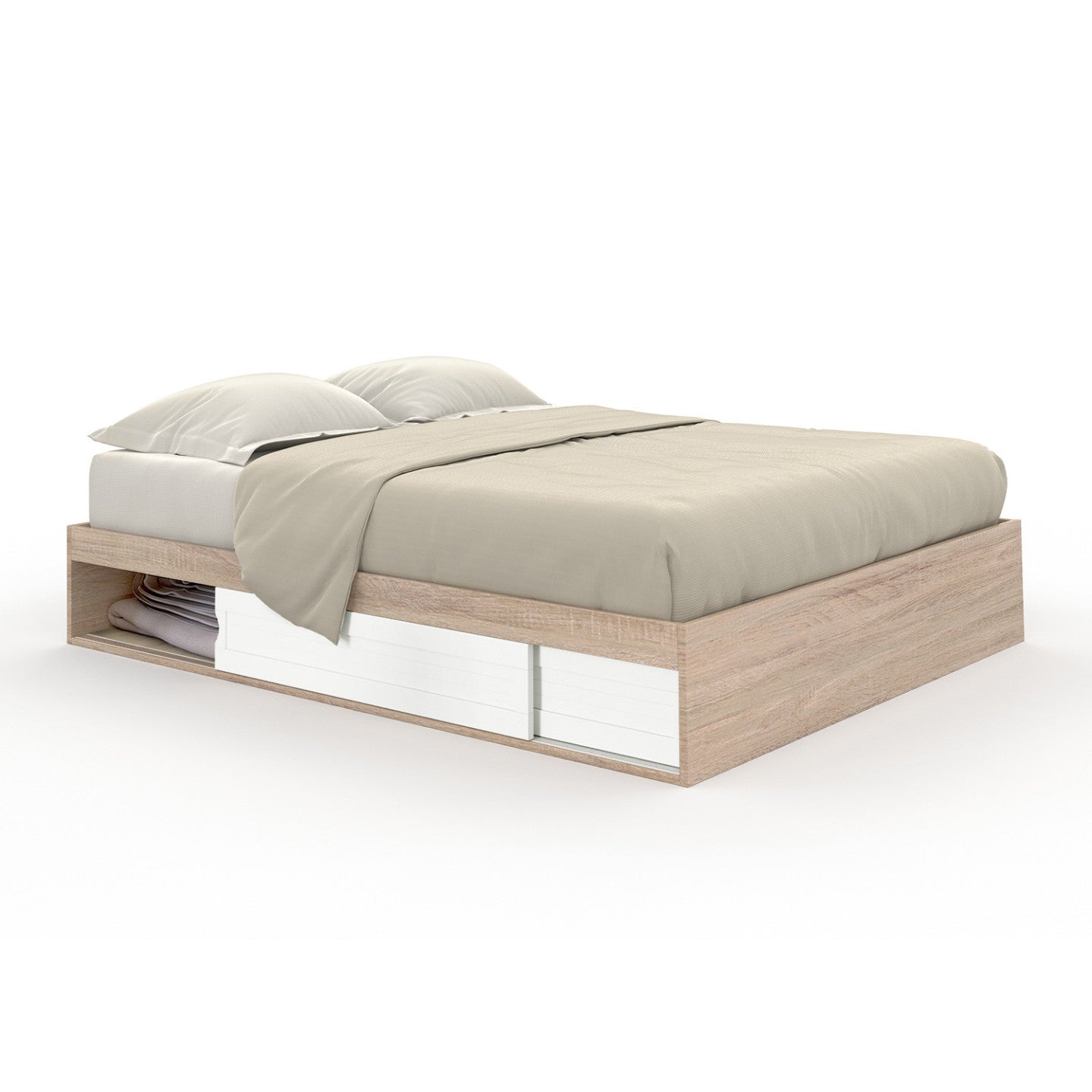 Cadre de lit double SALEM avec rangements et sommier 160 x 200 cm façon hêtre et blanc - 2