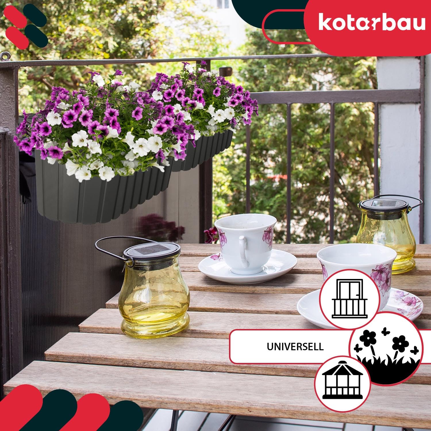 Jardinière Extérieur - Pot de Fleur - PVC - 40 x 15 x 15 cm - Gris - Jardinière Balcon - Rectangulaire - Légère - avec Support pou KOTARBAU - 4