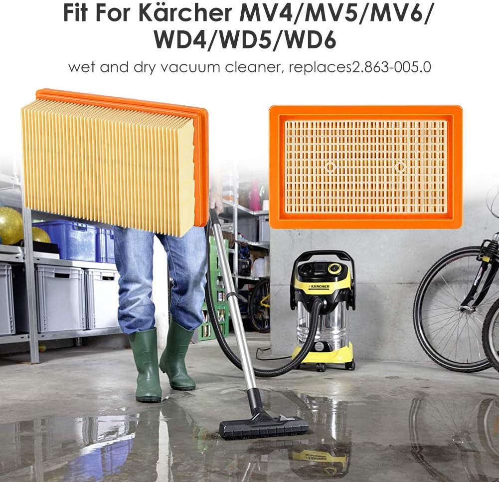 3 Pack WD6P Remplacement Plat plissés Filtre Karcher MV4 MV5 MV6 WD4 WD5 WD6, WD4P WD5P WD6P AspiratEU Wet-Dry - remplace 2,863-005,0 - 4