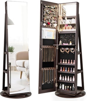 Armadietto Gioielli Girevole Con Specchio E Luci LED - 161cm Organizer Con Serratura Per Trucco