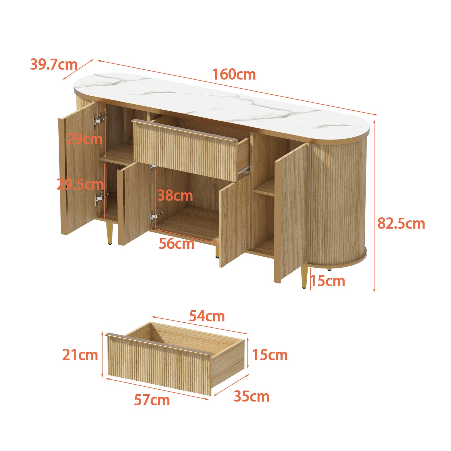Buffet de Salon avec 4 Portes et Tiroir, Meuble de Chambre avec Façade Sculptée et en Bois Texturé, 160x40x82.5, Naturel et Marbre - 3