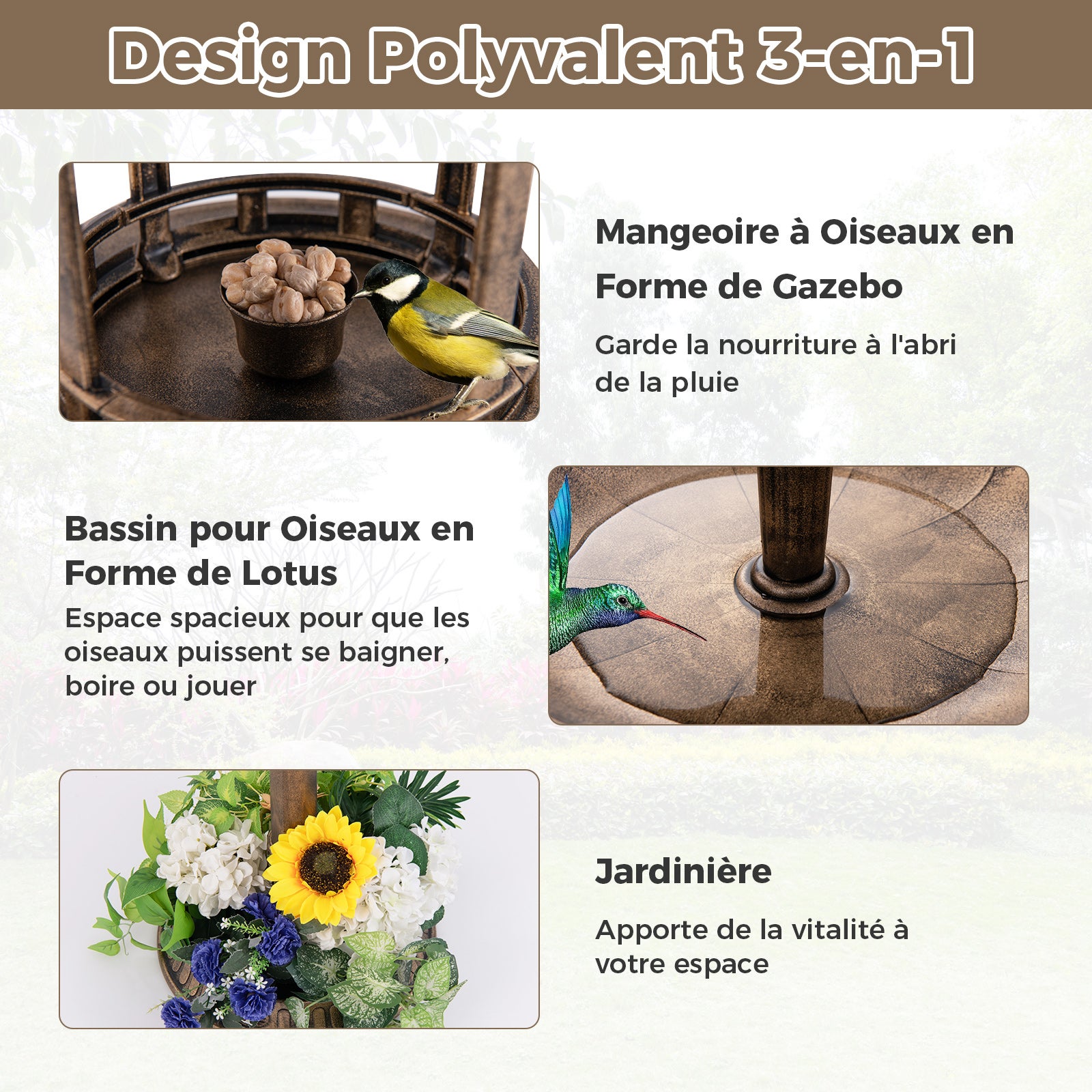 Banheira para pássaros 3 em 1 com energia solar, decoração exterior com suporte retroiluminado com lâmpada, bebedouro leve para pássaros para jardim, - 9