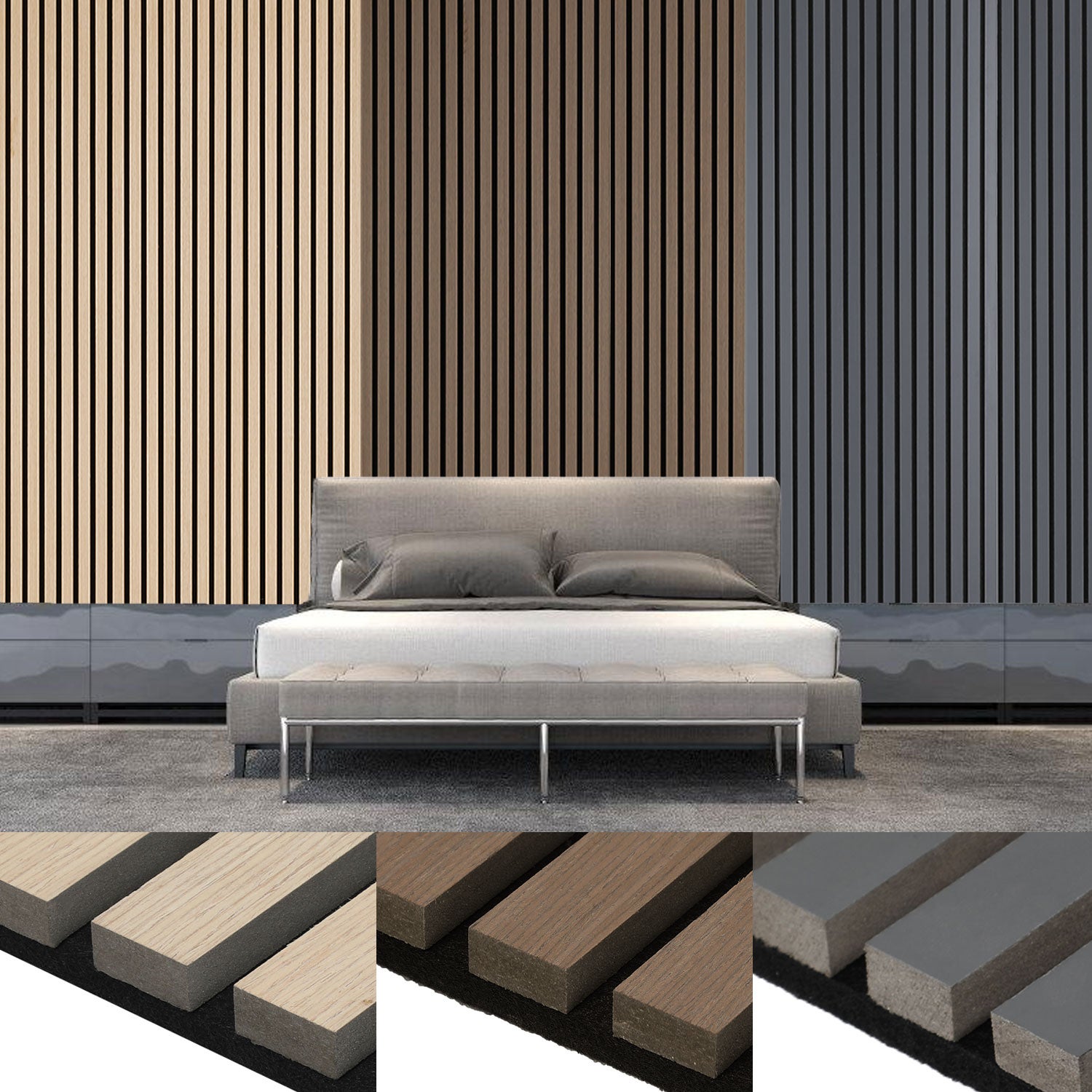 Panel de lamas Revestimiento mural natural Moderno panel mural acústico de MDF chapado en madera y fieltro 1x 120x60x2.1cm Gris - 8