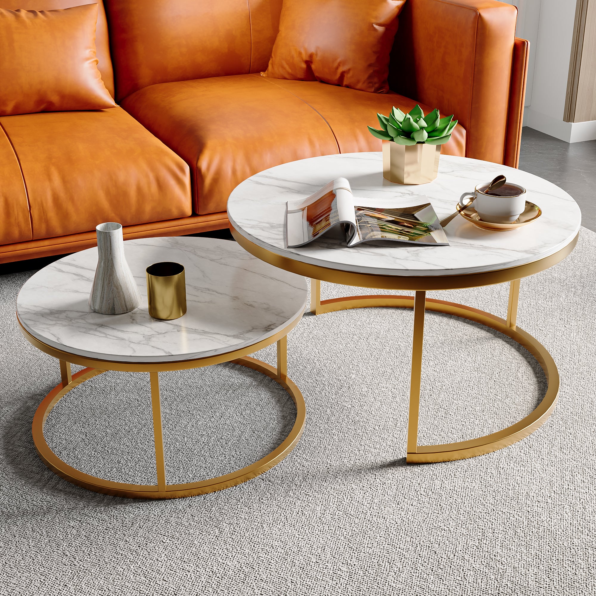 Lot de 2 Tables Basses Gigognes, Table d'appoint Ronde avec Plateau en Marbre Texturé et Cadre en Métal, Bout de canapé pour Salon, Chambre, Doré - 4