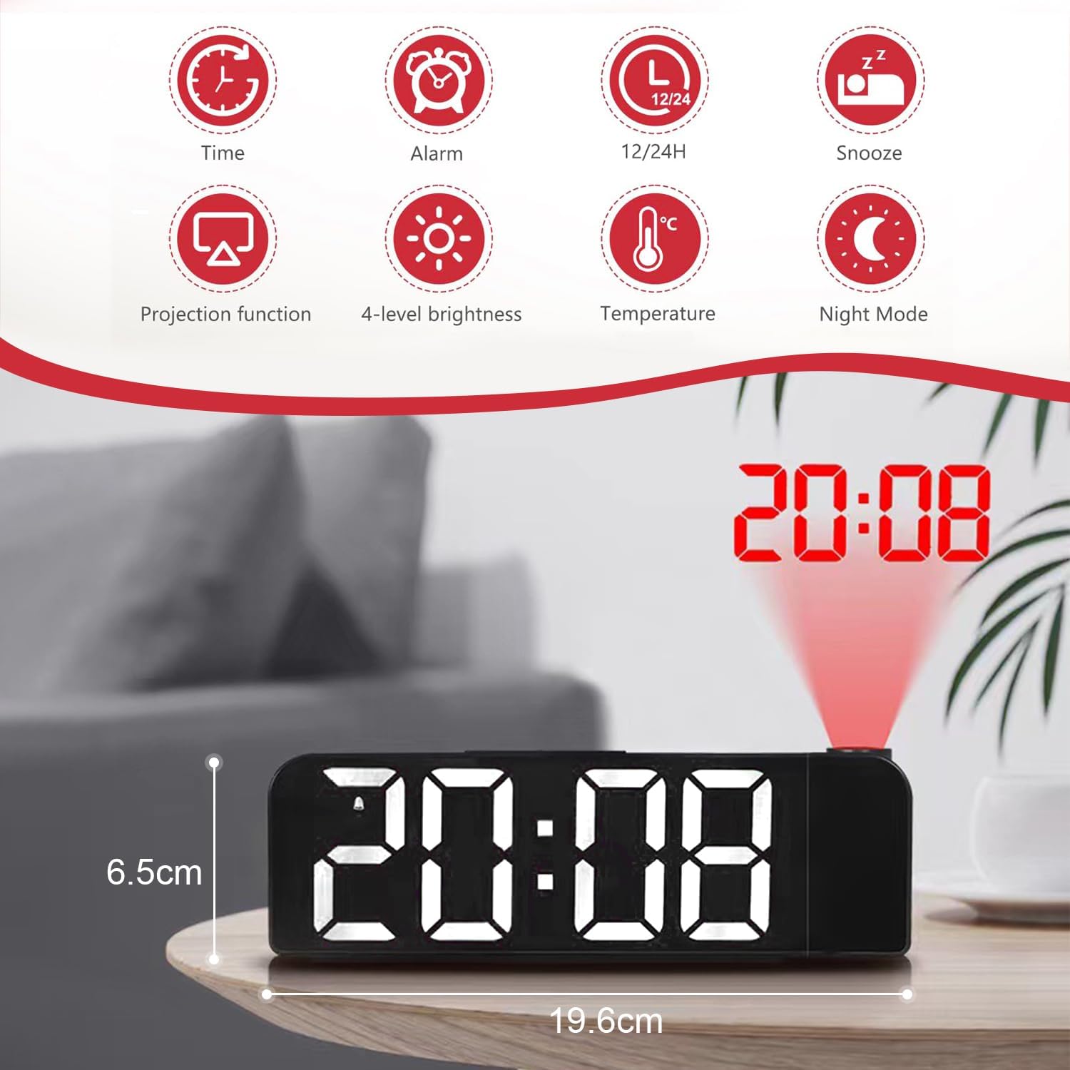 Réveil Projecteur LED Avec Thermomètre - Affichage Heure/température, Alarme, Projection Au Plafond - Blanc