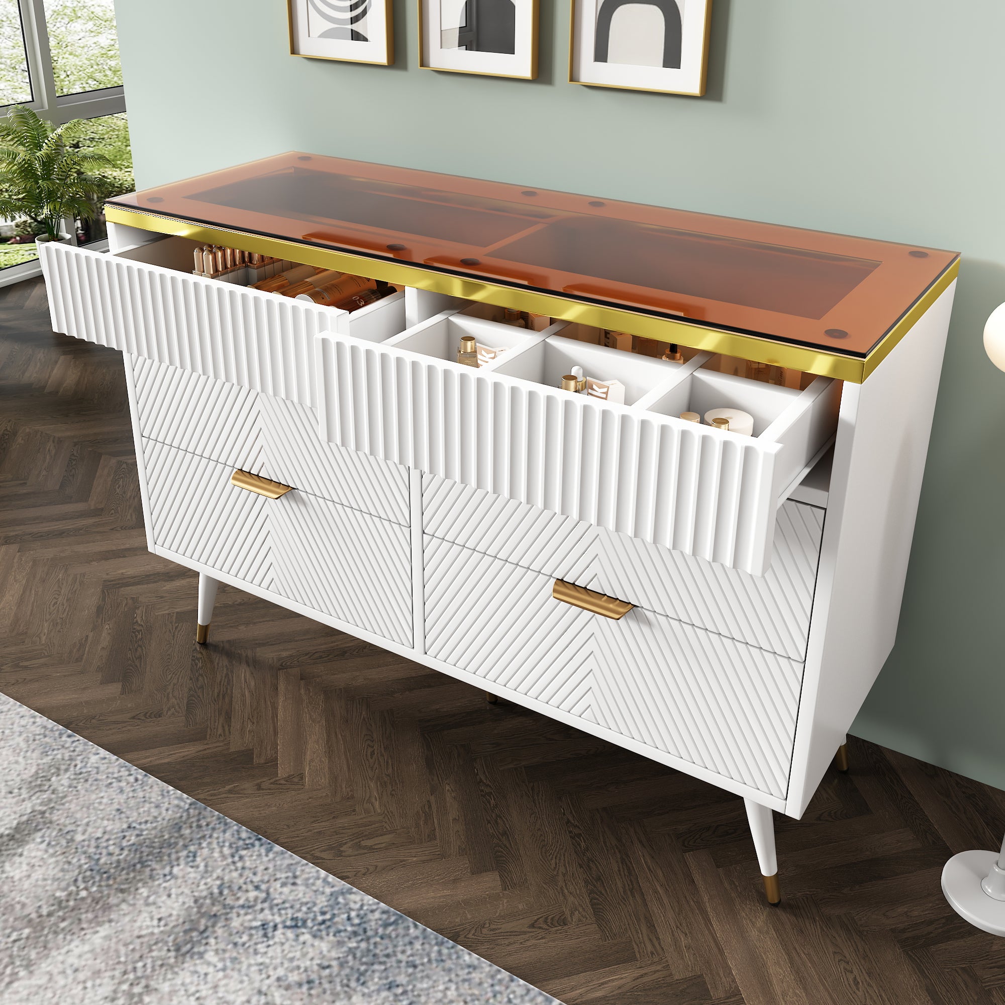 Cassettiera con 6 cassetti - 120 x 40 x 76 cm - vetro ambrato e pannelli di particelle - bianco - 7