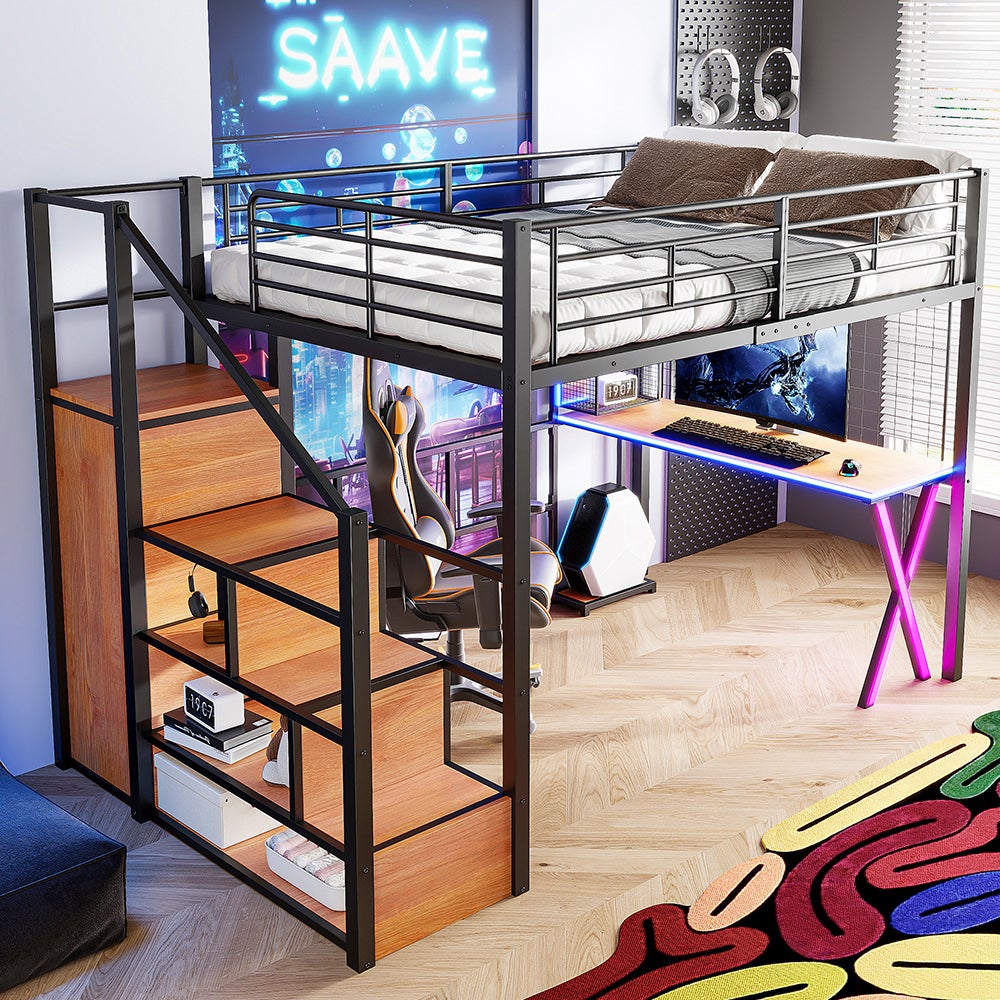 Lit Mezzanine 140x200 Cm Avec Bureau Et Armoire - Échelle De Rangement - Cadre Métal Renforcé - Noir - Idéal Chambre Enfant/Ado