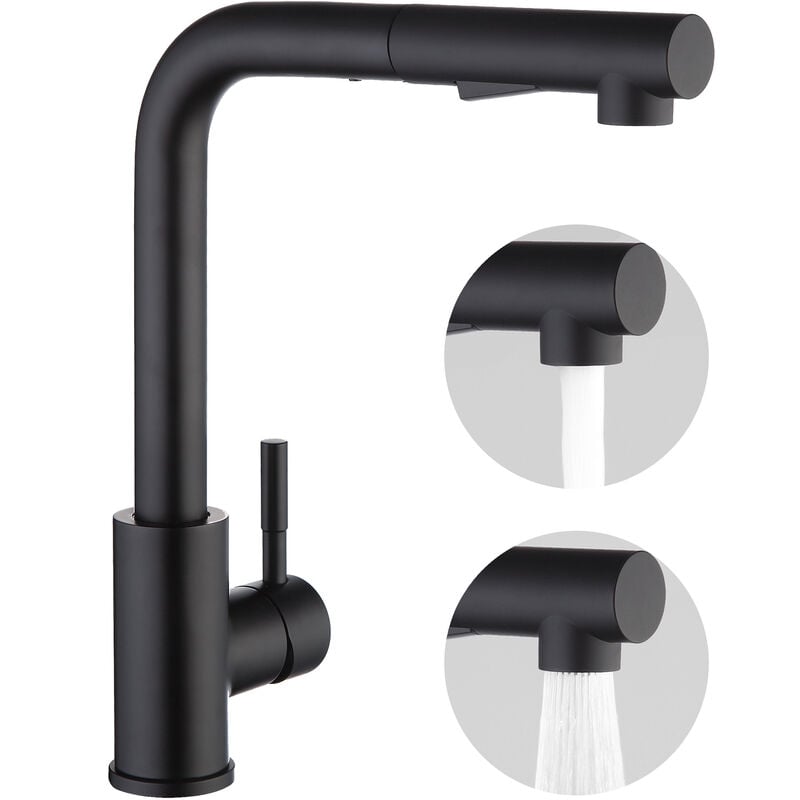 Bateria kuchenna z wyciąganą wylewką, pojedyncza dźwignia, obrót 360°, 2 tryby (czarna)