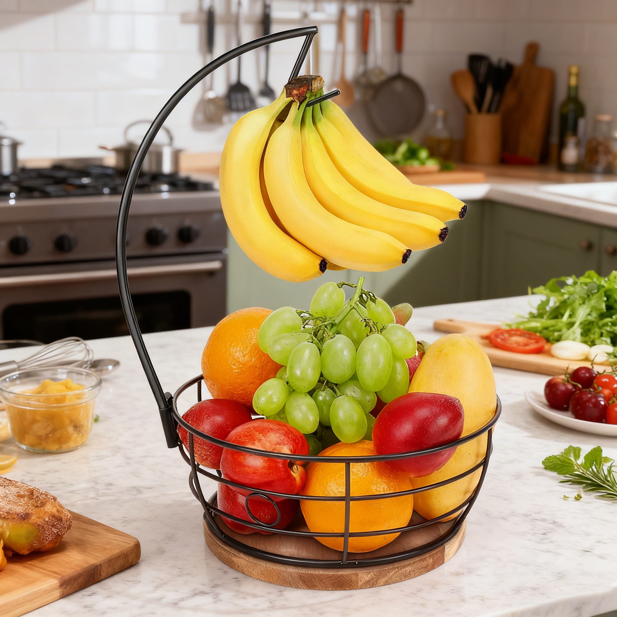 Set 4 cesti frutta con supporto per banane, ciotola elegante per cucina, contenitore per frutta e verdura, supporto pratico per tavolo - 7