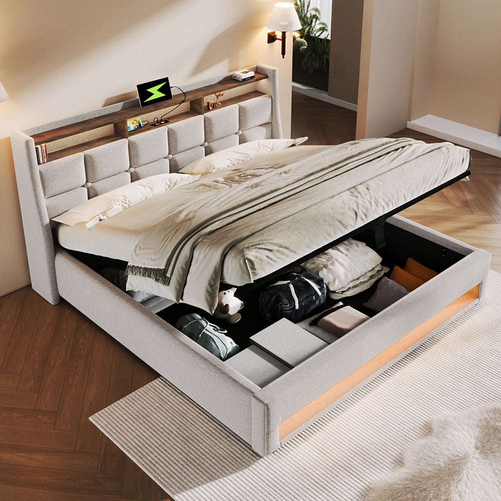 Lit coffre 140x200 cm Lit rembourré avec USB Lit simple LED avec sommier à lattes métalliques pour adolescents Sans matelas Beige - 5