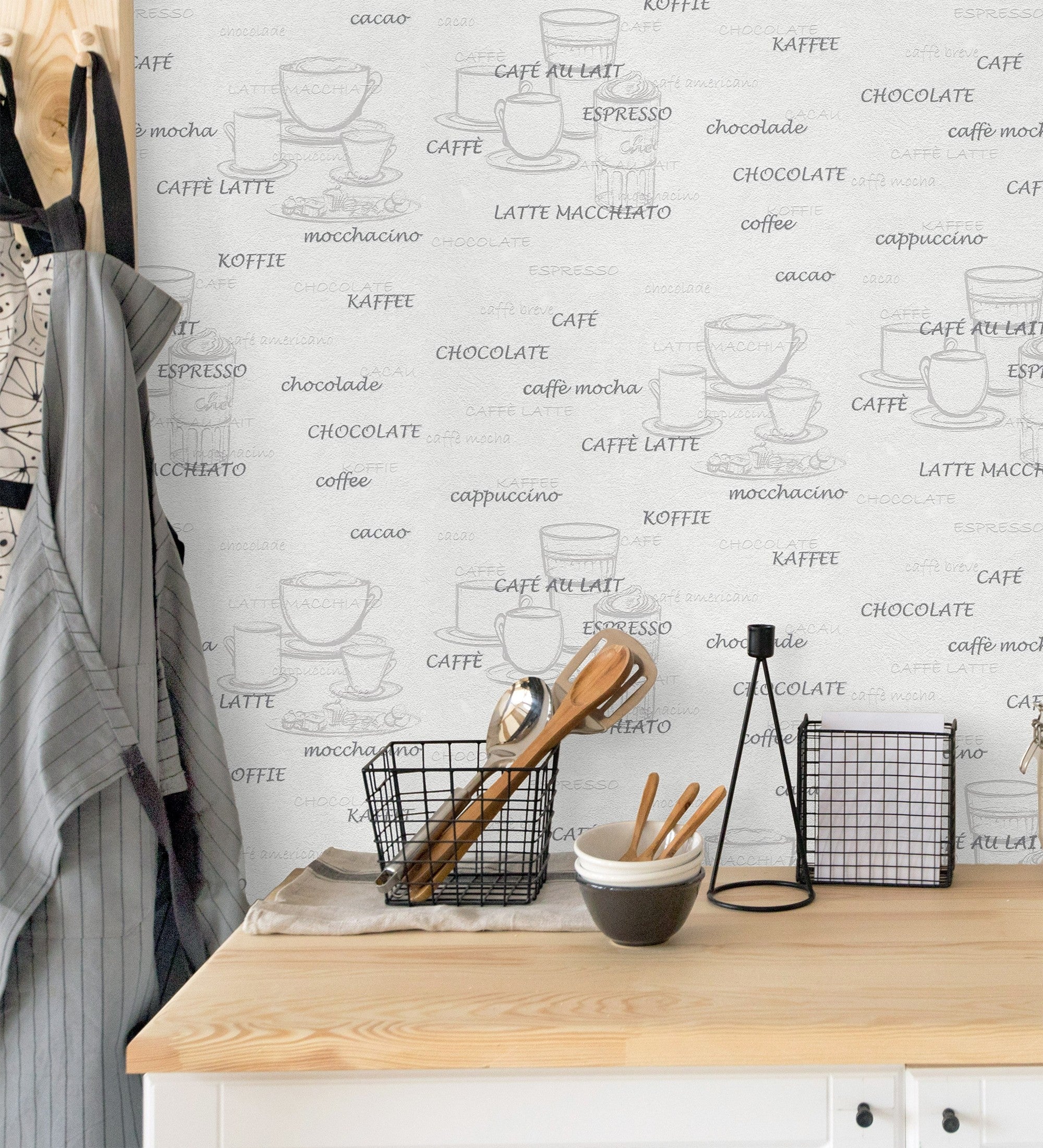 Papel pintado vinílico lavable de tazas de café desayuno, gris blanco con relieve - italian coffee 421638 de gaulan - rollo de 10 m x 0,53 m