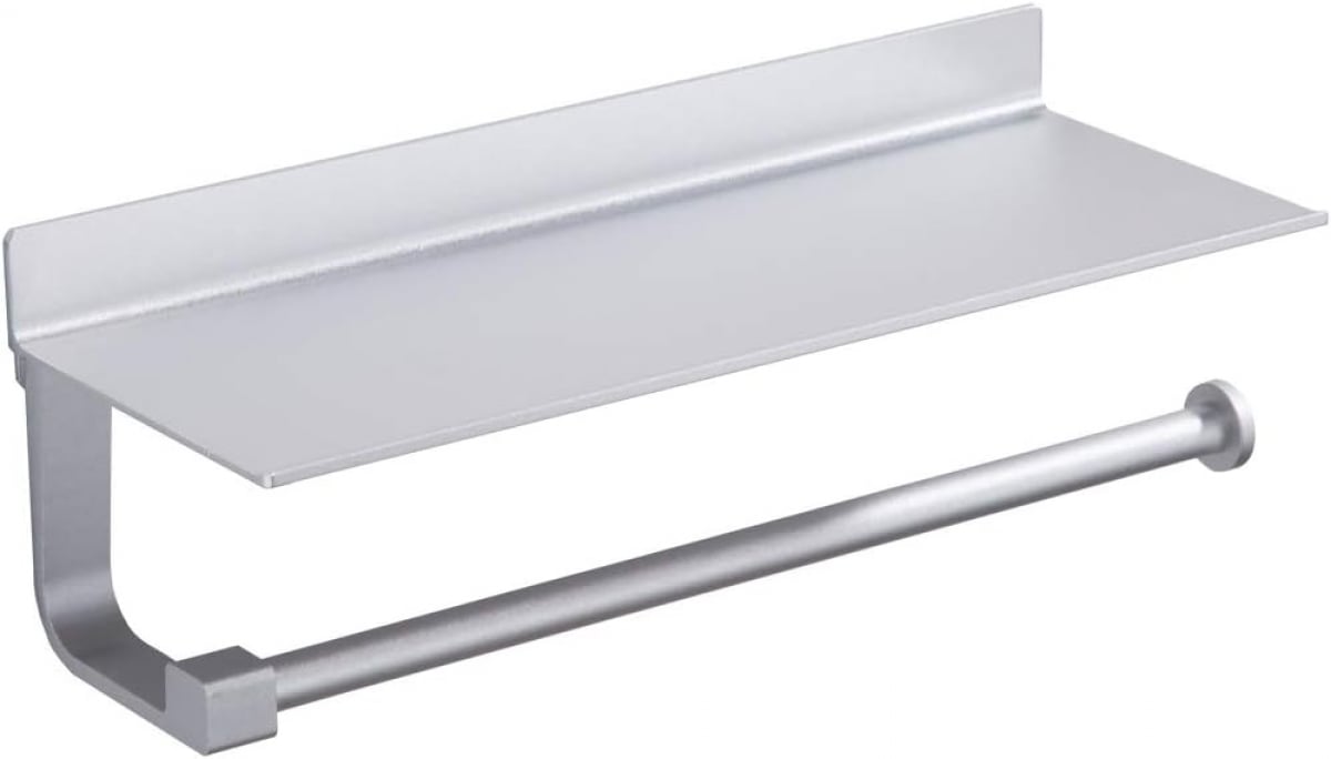 Uchwyt na ręczniki papierowe z półką, montowany na ścianie, odpowiedni do przechowywania w kuchni i łazience, srebrny (33 x 8,5 x 8,2 cm)