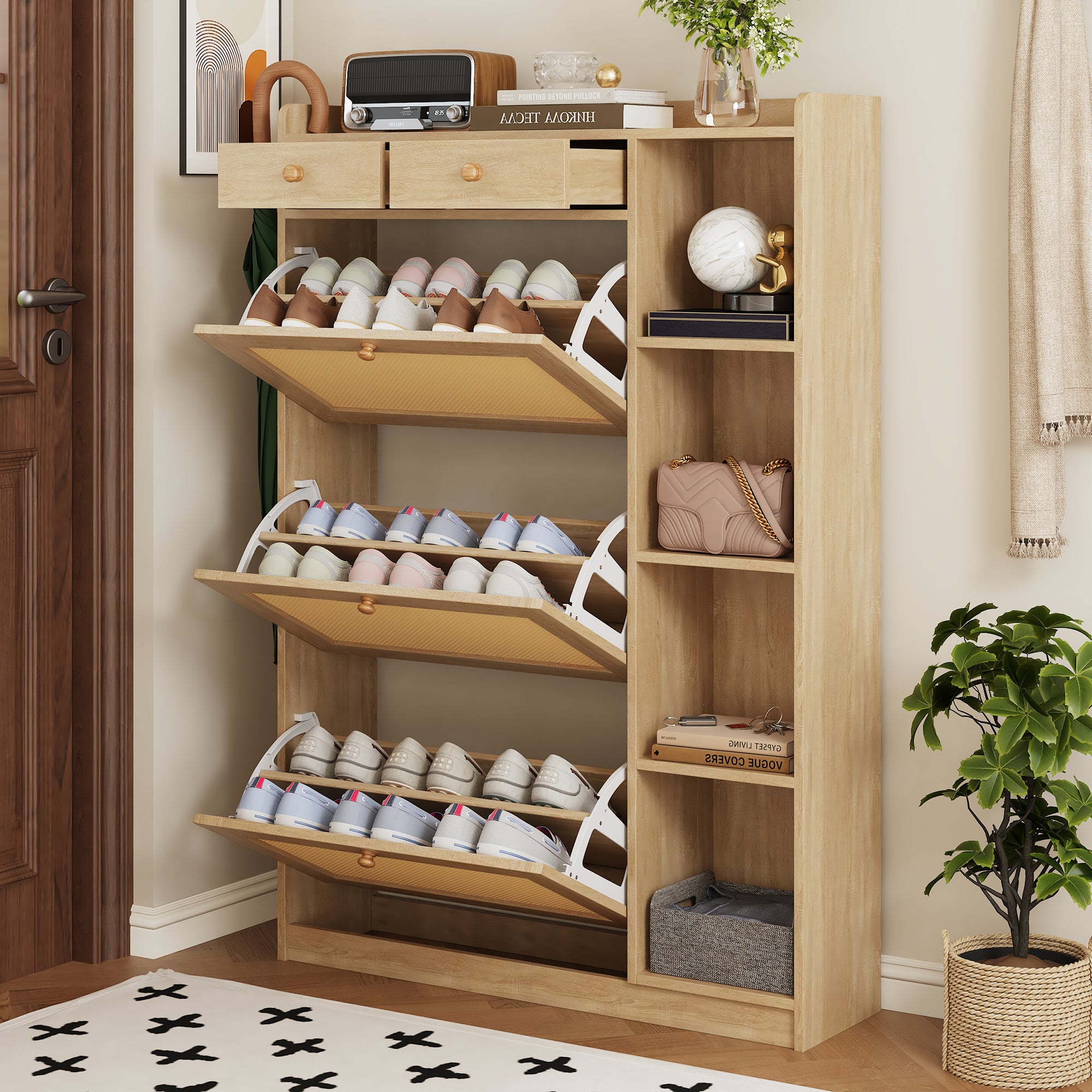 Dulap de pantofi modern 90x24x130cm - cu 2 sertare și 3 uși rabatabile - 4 compartimente de depozitare - Natural