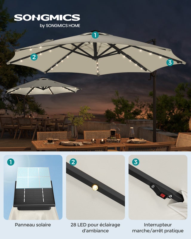 Parasol de Jardin 300 cm, 28 LED Solaires, UPF 50+, Pivotant à 360°, Inclinaison Fluide, Manivelle, avec Base en Croix, Blabc Crème - 2