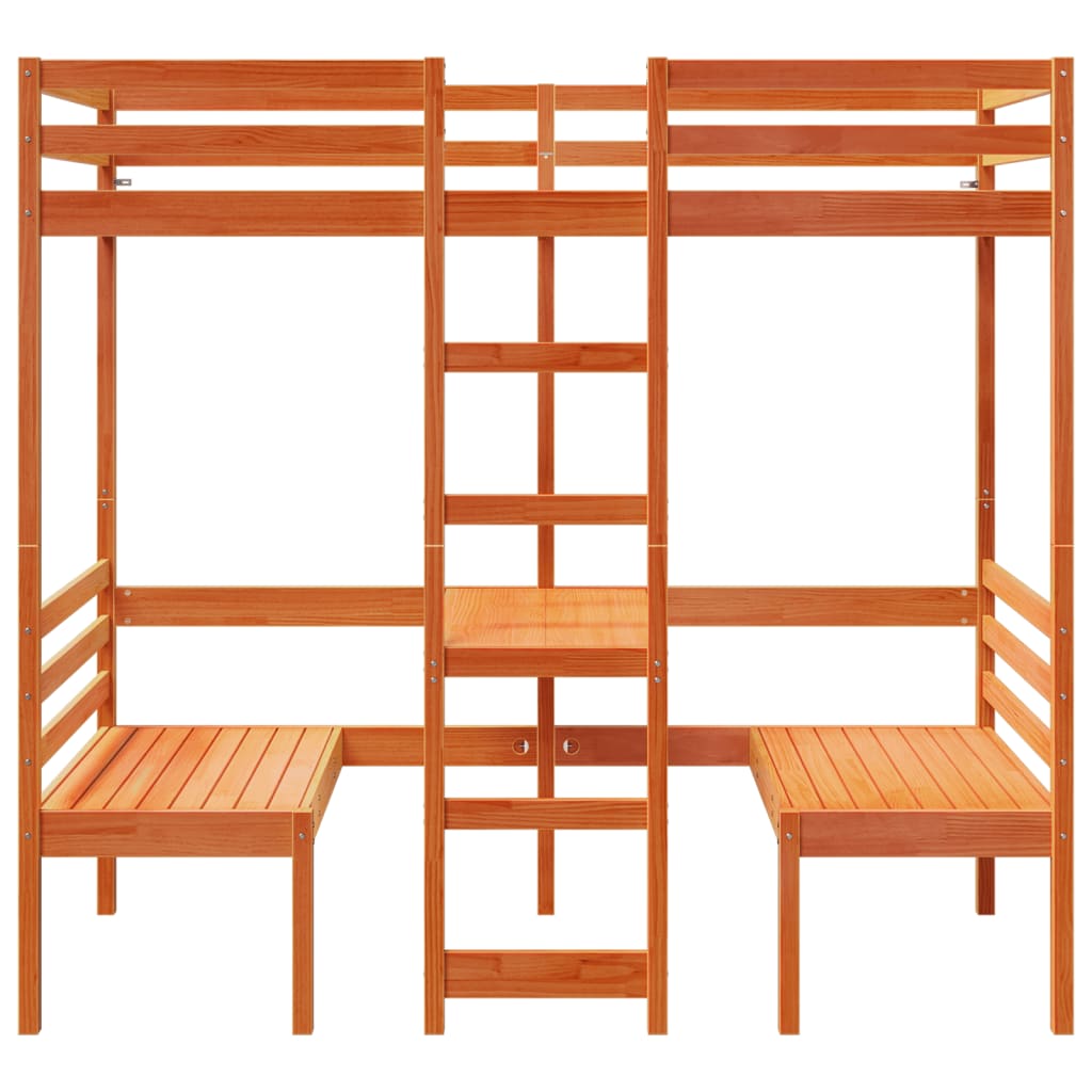 Lit mezzanine avec bureau et chaises, pin, brun ciré, pour la chambre, 90 × 200 cm - 5
