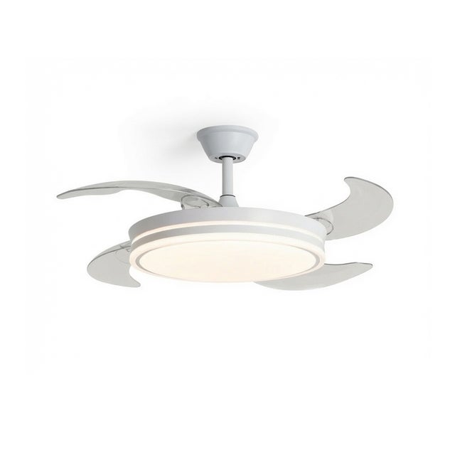 Ventilador de teto LED de 106 cm com 4 pás retráteis, silencioso, com comando, 6 velocidades e 3 cores de luz