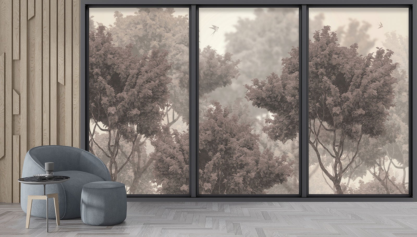 Papier peint panoramique Trompe l'oeil baie vitrée - Arbres - Largeur 325 cm x Hauteur 195 cm - 4