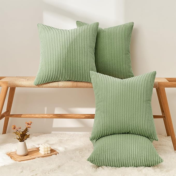Lot de 4 Housses de Coussin en Velours Côtelé Vert Sauge, 50x50 cm, Moderne et Doux, Fermeture Cachée, Décor Canapé, Salon - 3