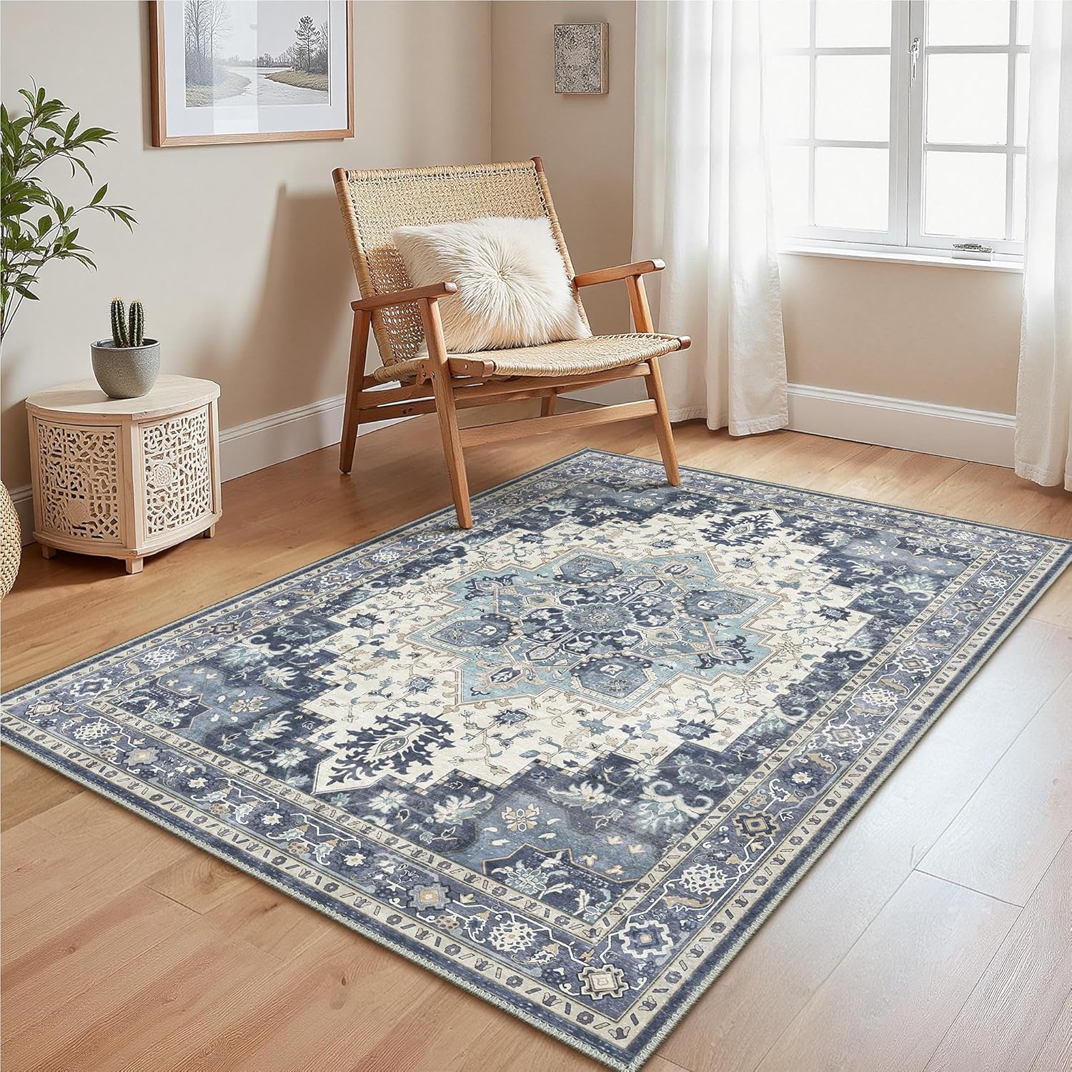 Tapis De Salon Fisun Par Housse De Rêve - 120x180 Cm - Bleu - Polycoton 50/50 - Antidérapant - Lavable