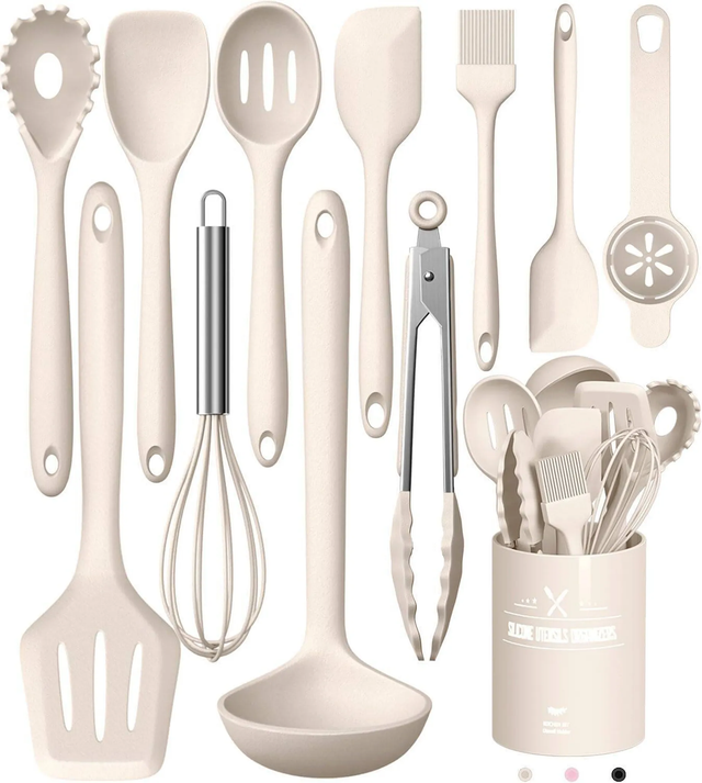 Set de utensilios de cocina de 12 piezas, silicona, resistentes al calor, con soporte de almacenamiento, utensilios antiadherentes