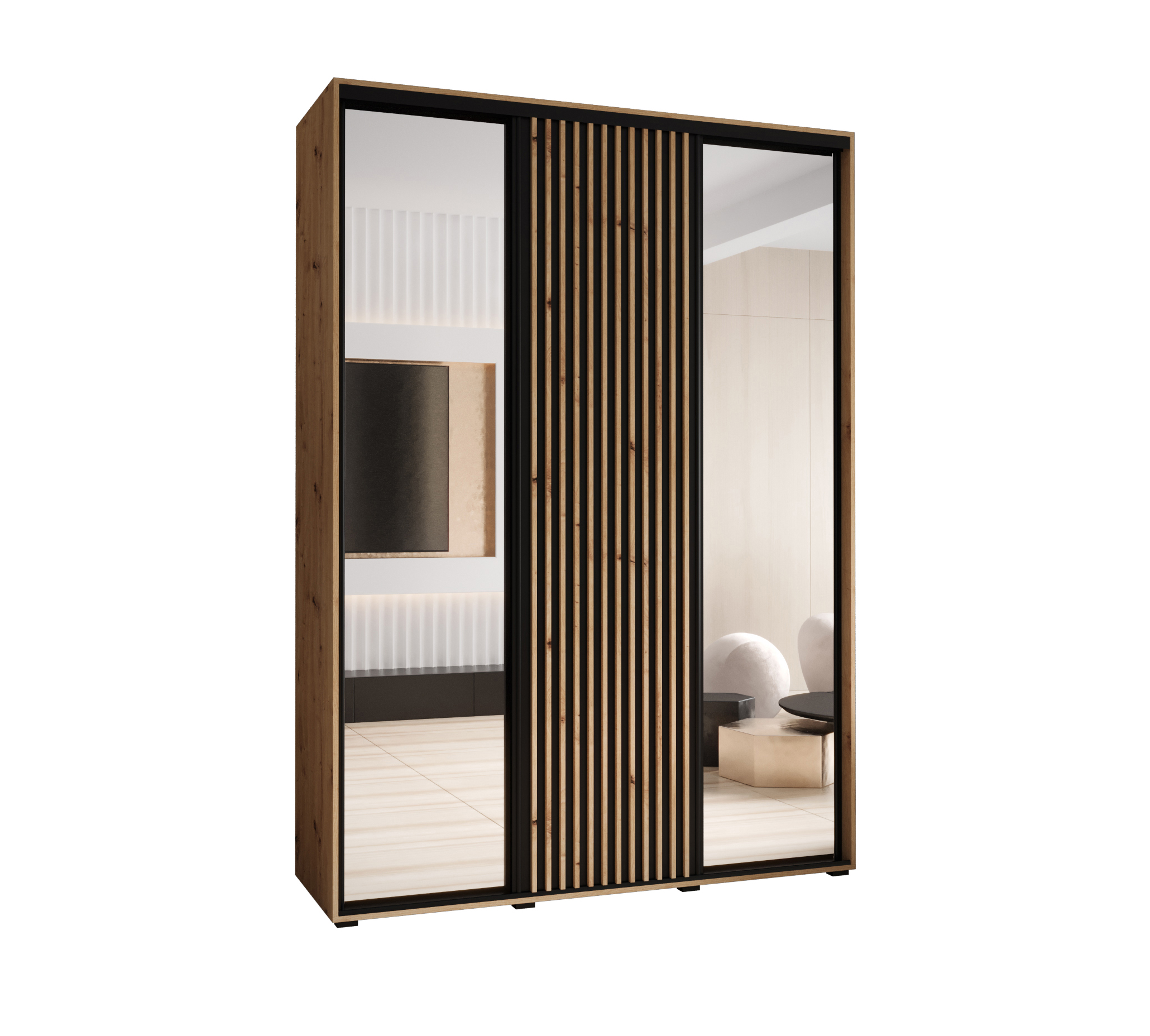 Szafa przesuwna z lustrem wysoka Lanko 2 170 x 60 x 235,2 cm artisan + czarny + lamele artisan - Abiks Meble