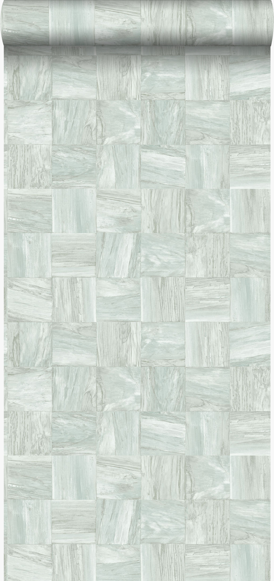 Papel pintado pedazos cuadrados de madera de desecho recuperada verde grisáceo claro - 53 cm x 10,05 m - origin wallcoverings