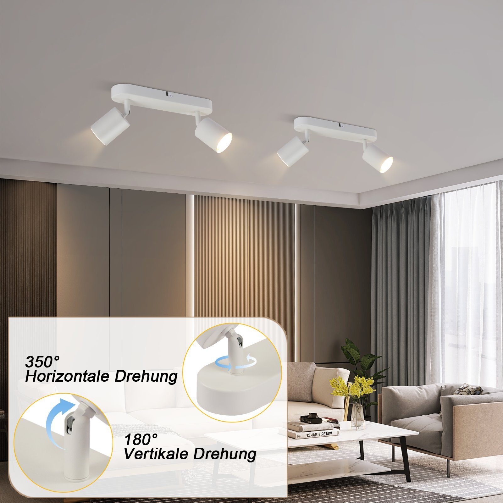 NETTLIFE 2 Focos blancos de techo para pasillo GU10 Lámpara de pared giratoria moderna para sala de estar, cocina, dormitorio y comedor - 2