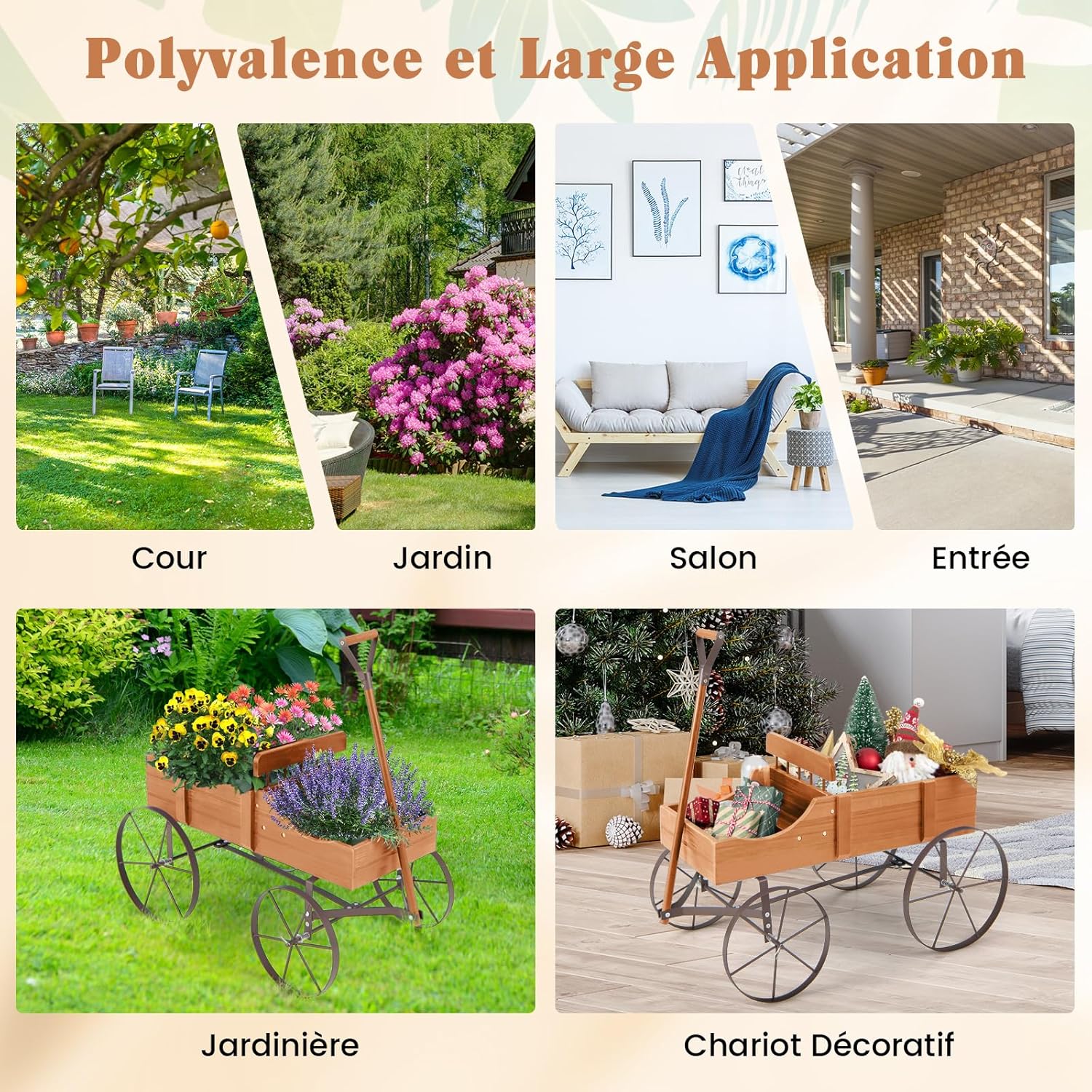 Brouette Décorative en Bois avec 2 Compartiments à Planter, Jardinière avec Roues Métalliques et Poignée à l'avant Charge 15kg (Orange) - 9