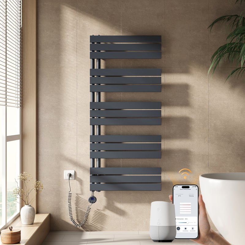 EMKE Grzejnik elektryczny łazienkowy 132x60cm - Inteligentne Sterowanie z Programatorem Tygodniowym w Aplikacji - 800W - Matowy Antracyt