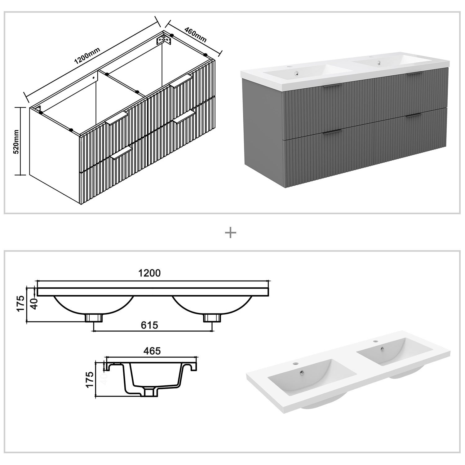 AICA Meuble de salle de bain mural Anthracite 120 cm - 4 tiroirs, lavabo inclus - 3
