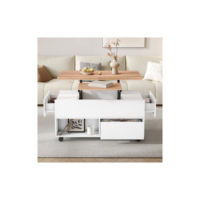 Moderner Couchtisch mit Doppel-Hebemechanismus, verstecktem Stauraum, Weiß Holz, Belastbar bis 50 kg