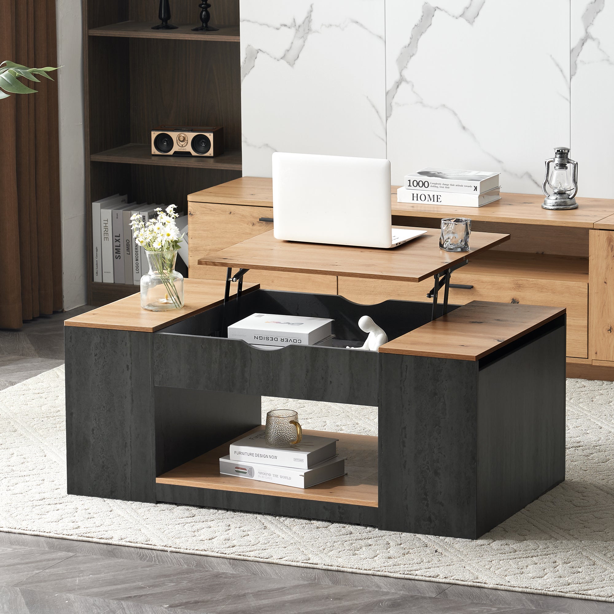 Table basse rectangulaire 109,5 cm réglable en hauteur avec rangements ...