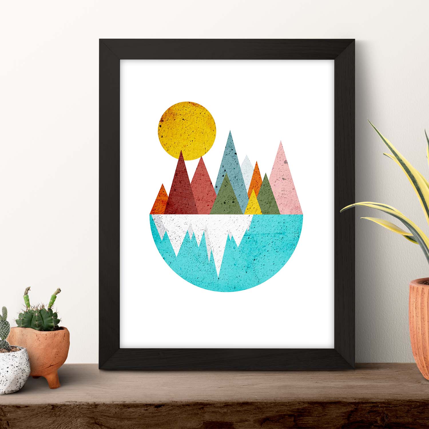 Poster con dibujo nordico de circulos. lamina montanas en el lago dia, ilustrada con con circulos y formas sin marco - a4