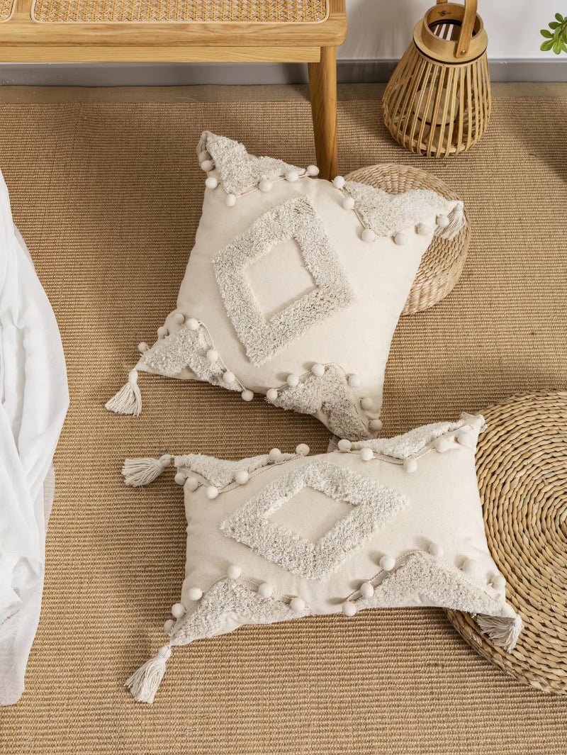 Lot de 2 taies d'oreiller décoratives touffetées, housses de coussin de canapé à pompons, taies d'oreiller taille blanc cassé, 30 x 50 cm (sans noyau) - 3