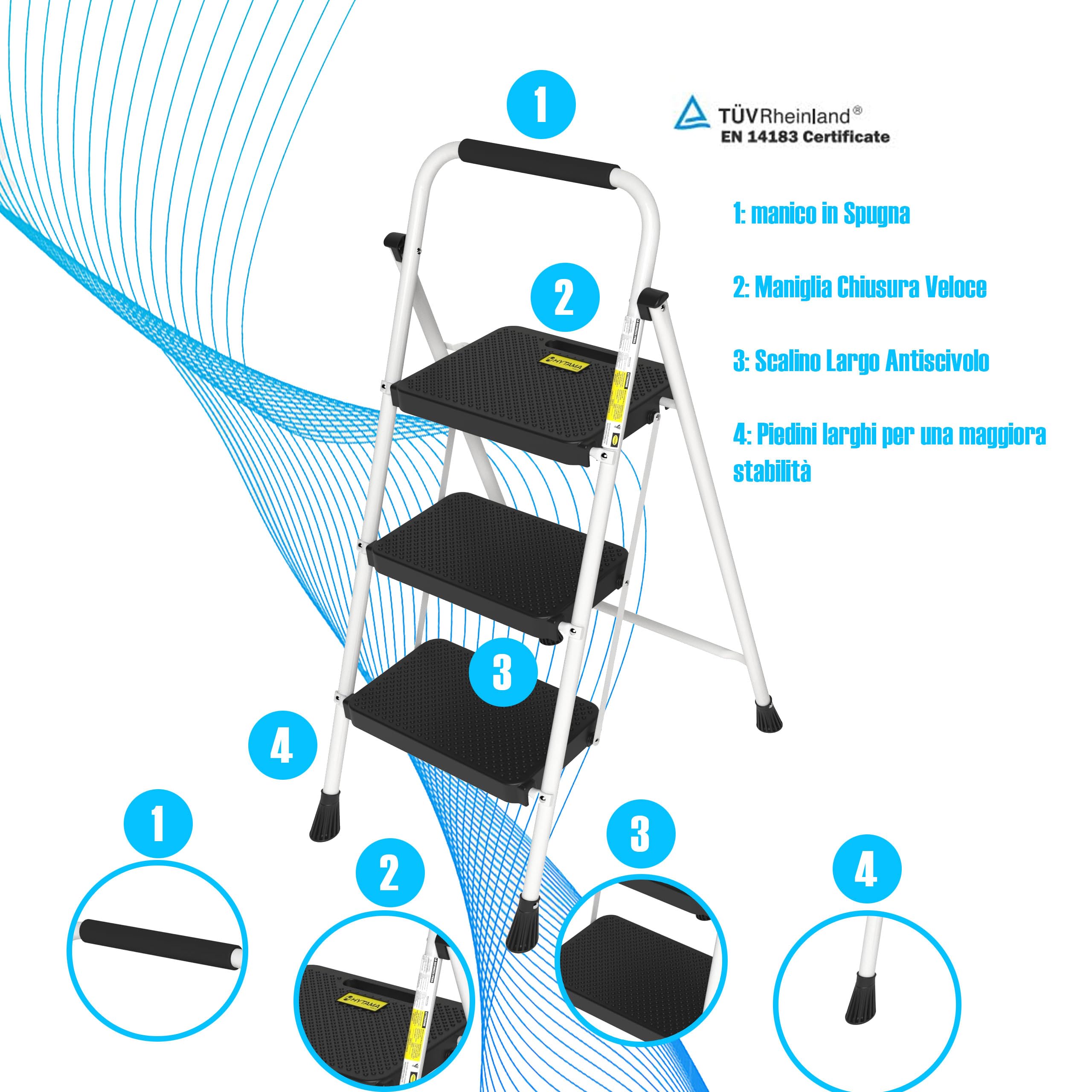 Tabouret échelle pliant peu encombrant WHITE MAX avec marches antidérapantes et poignée en caoutchouc souple pour plus de sécurité 4 marches - 5