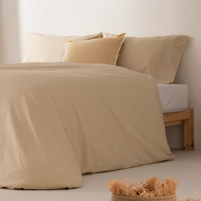 Housse de couette uni 100% coton avec taie d'oreiller 150x220 + 45x110cm coloris Beige