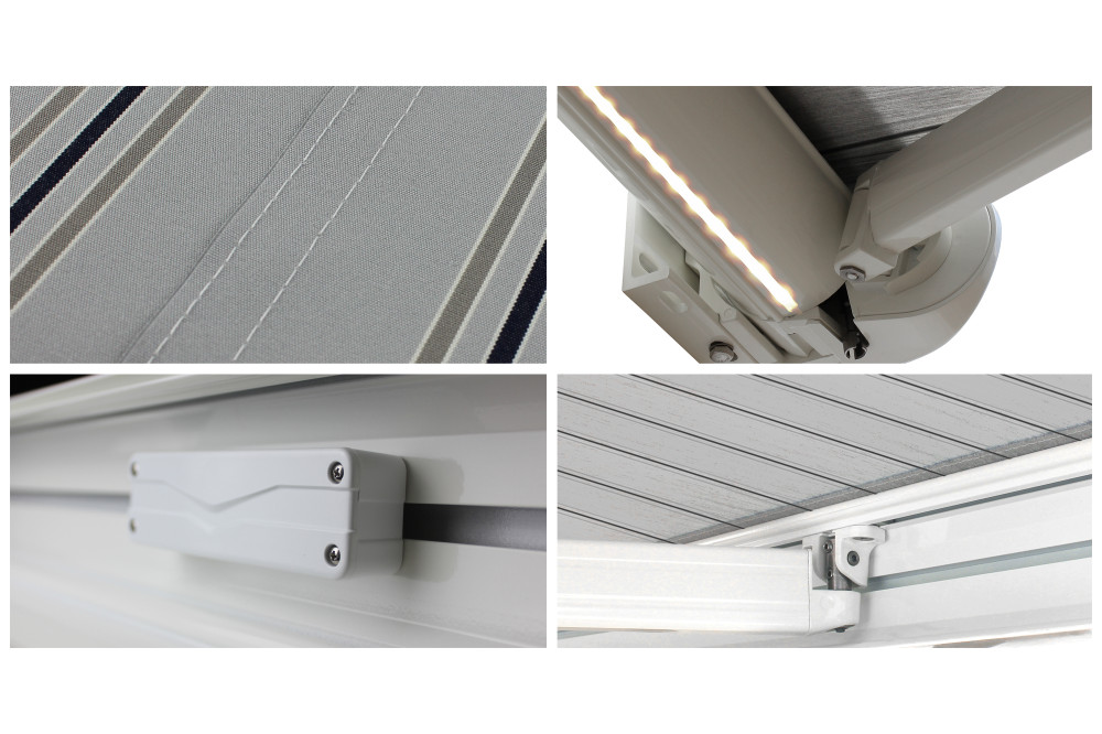 Store banne Coffre intégral PROTECT 2 LED SMART Blanc 5x3,5m Motorisé à télécommande + Capteur Vent + LED - Toile Grise Rayée - 5