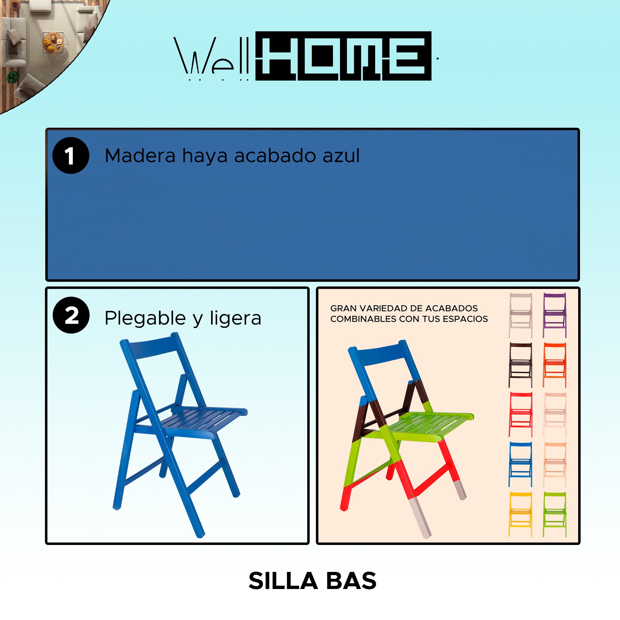 WELLHOME Silla plegable de madera 43x43x79 cm Azul - 2