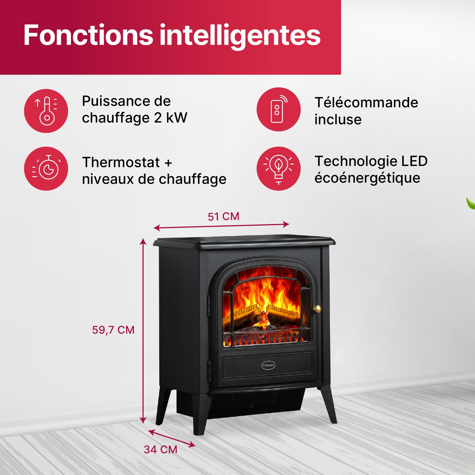Cheminée électrique avec chauffage sur pied - Dimplex - Optiflame, 2000W, télécommande - Club - 7