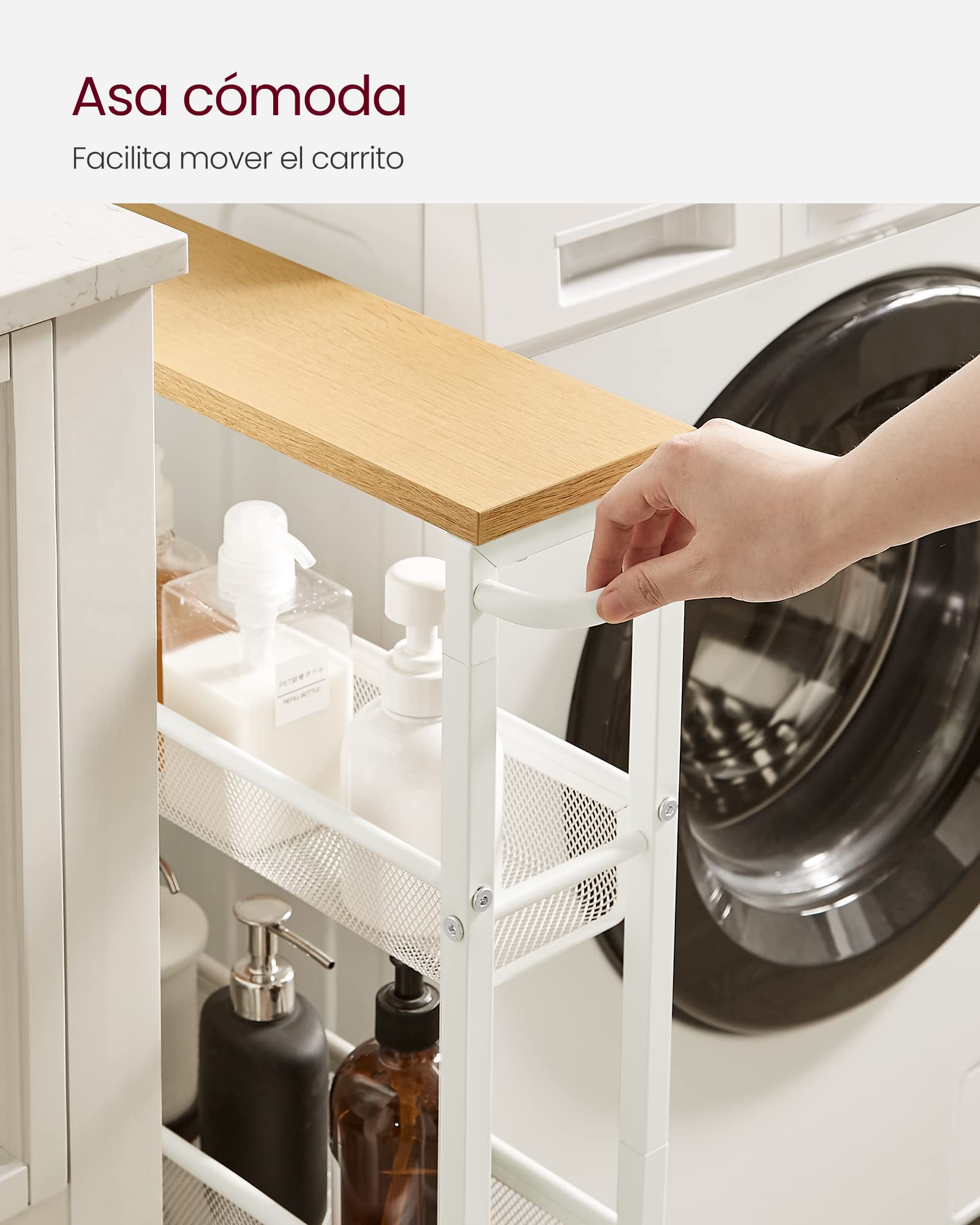 Desserte 4 Niveaux, Étagère de Cuisine Fin avec roulettes, Desserte Mobile, Cadre en Acier, Poignée, Petit Espace, Couleur Chêne et Blanc - 7