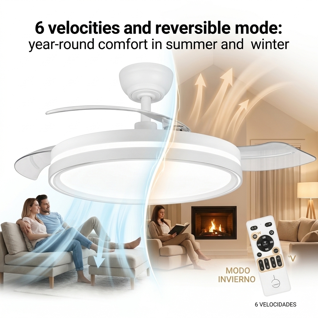 Ventilador de Techo Retractil Silencioso, Motor DC, Luz Regulable y Función Memoria 106cm - 7