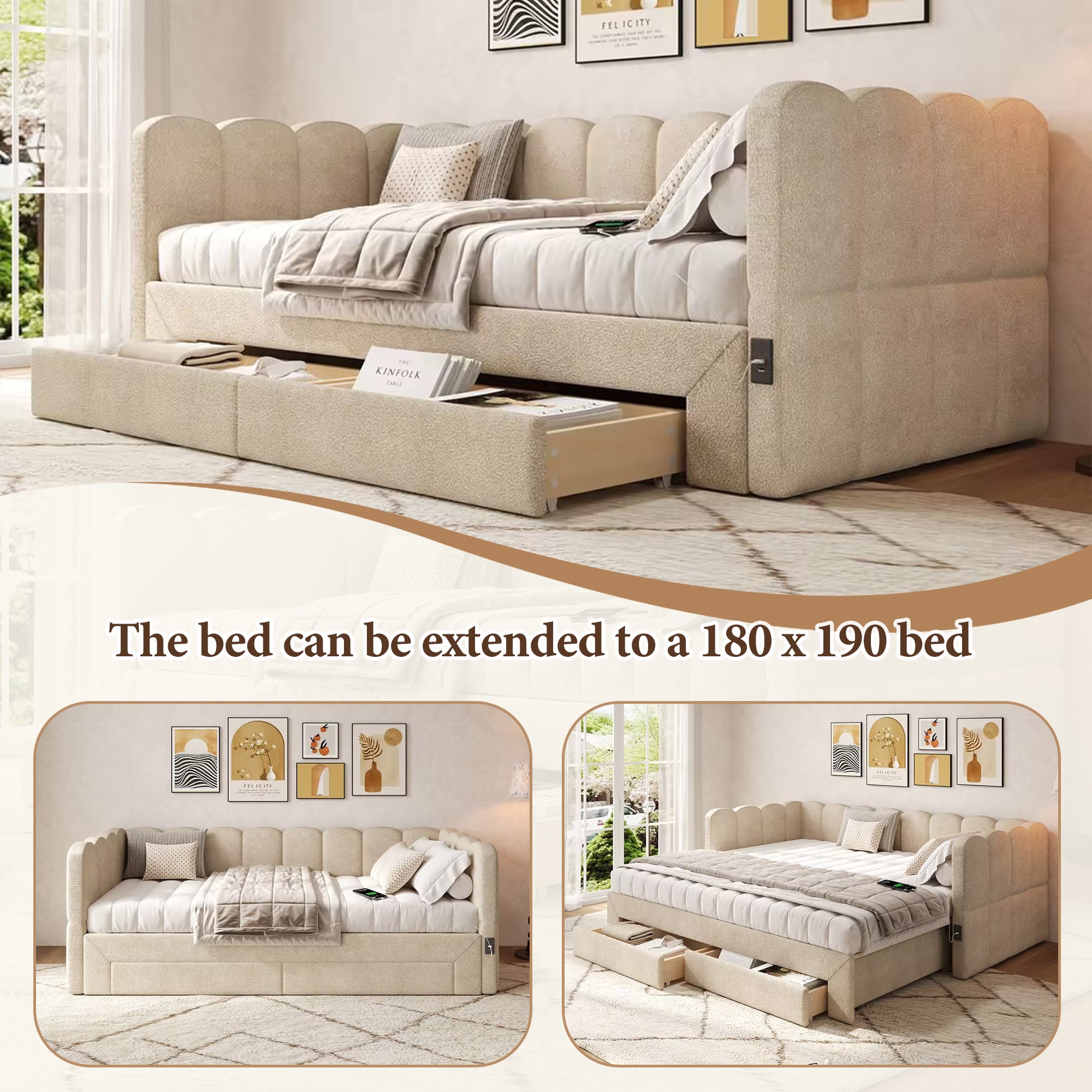 Łóżko wysuwane 90/180 x 190 cm z 2 szufladami, sofa rozkładana - tkanina szenilowa - port USB - beżowy (materac nie jest wliczony w cenę) - 8