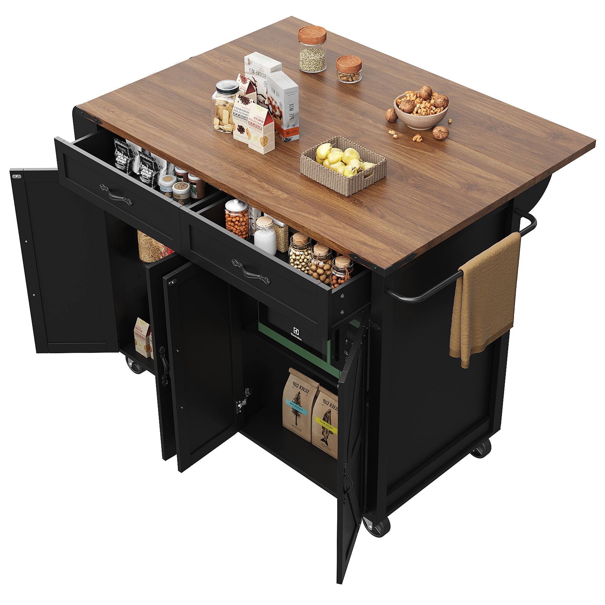 Chariot de cuisine noir avec plan de travail coulissant, îlot de cuisine avec 4 portes et 2 tiroirs, mobilier de salle à manger finition bois - 4