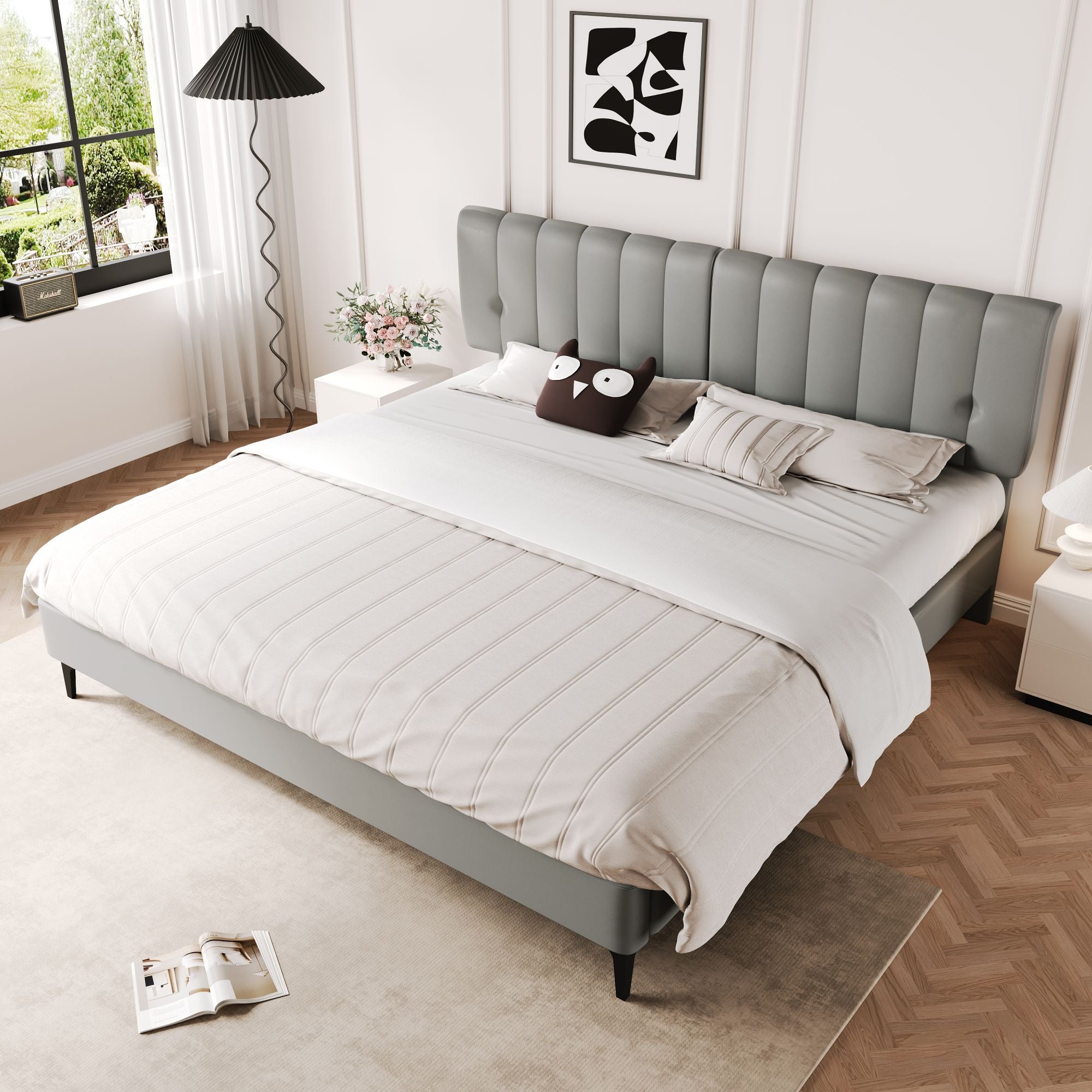 Lit Double Rembourré 160x200 Cm Avec Sommier à Lattes - Dossier Doux, Sans Matelas - Beige