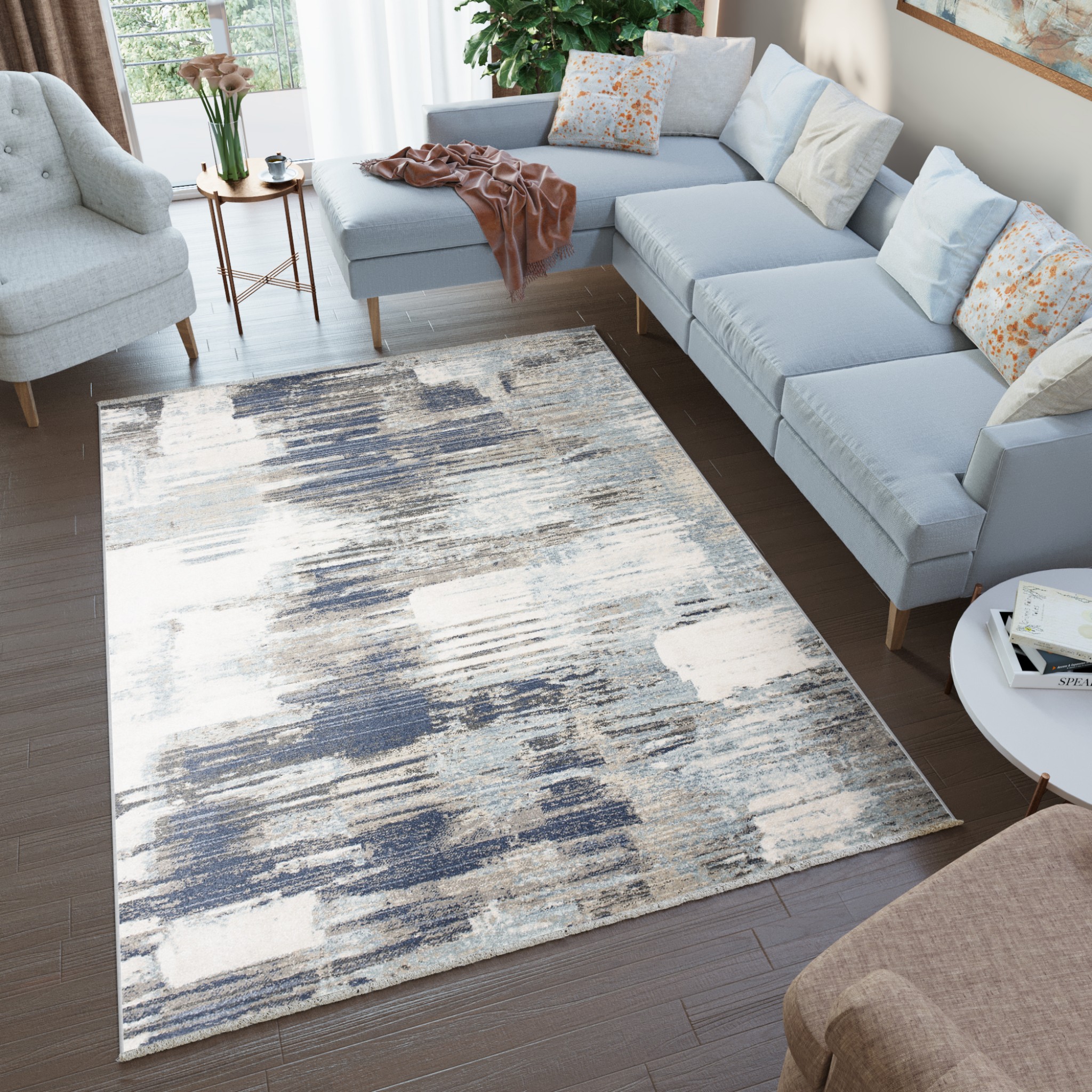 Tapiso rivoli alfombra de salón sala de estar moderno borlas gris azul claro azul marino crema pelo corto 120 x 170 cm