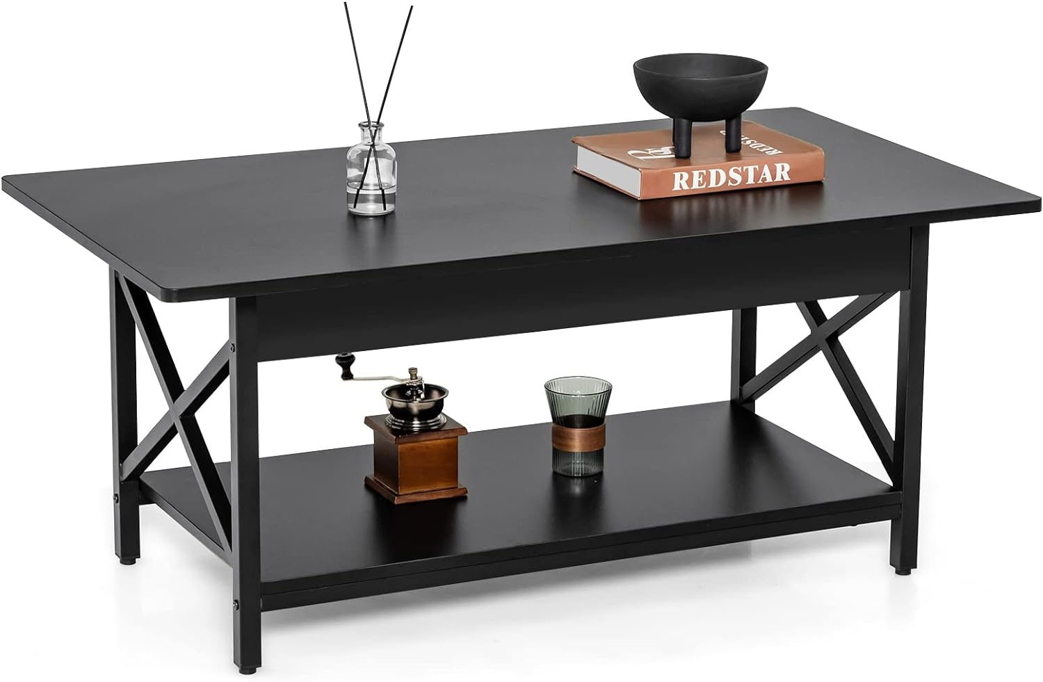 Stolik Kawowy w Stylu Industrialnym z 2 Poziomami, Regulowanymi Nóżkami, Prostokątny z Metalową Ramą, 110 x 60 x 48 cm (Czarny)